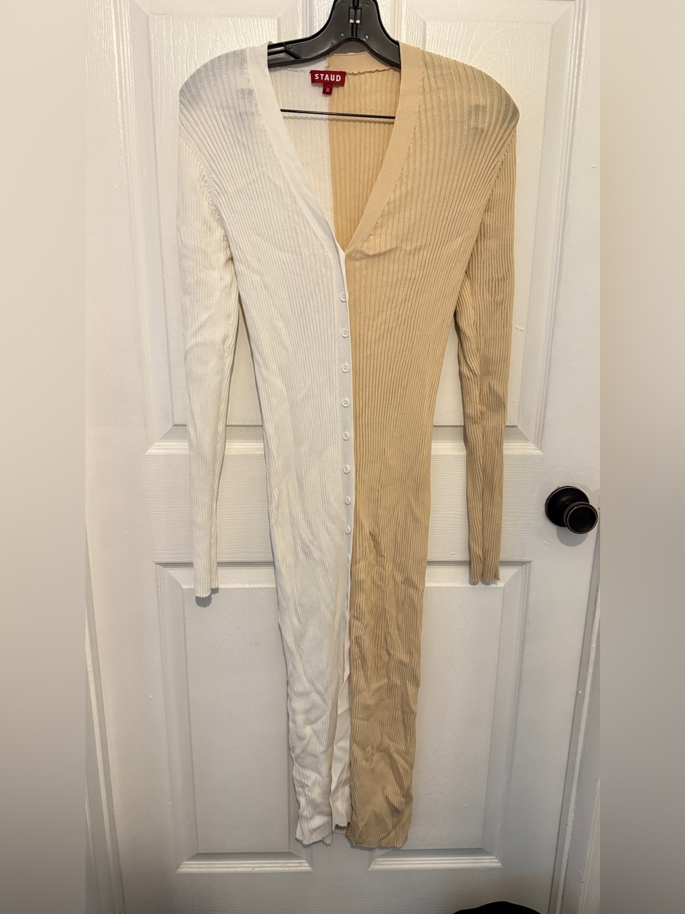 STAUD Women’s White & Beige Color Block Rib V-Neck Button Down Midi Dress Size M